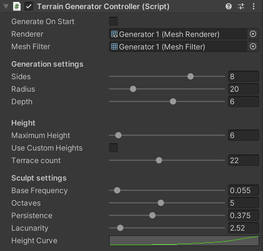 A view of Unity's inspector showing a component called "Terrain Generator Controller" with several fields