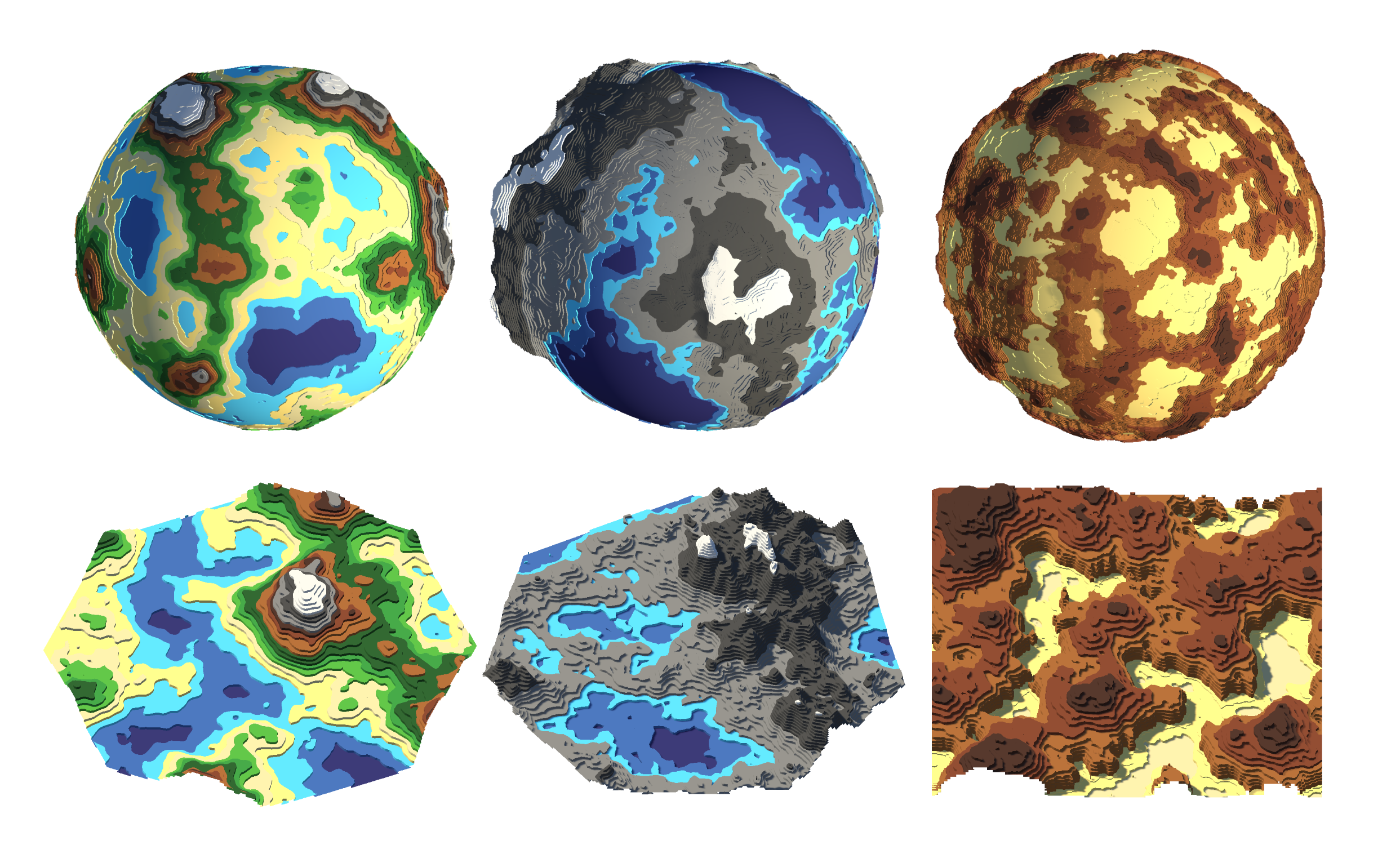 An image containing 6 terraced terrains: 3 spheres and 3 planes. The spheres are placed side-by-side, on the top of the image. The planes are also placed side-by-side, on the bottom of the image.