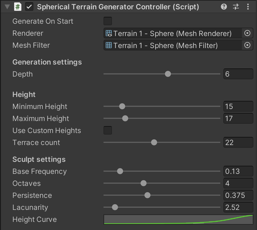 A view of Unity's inspector showing a component called "Spherical Terrain Generator Controller" with several fields